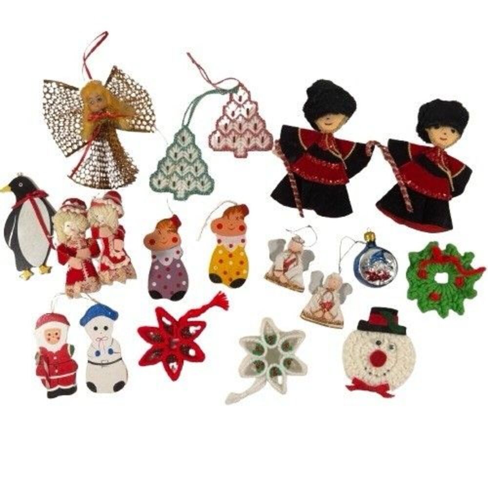 Lot of 19 Vintage Handmade Wooden Crochet German Ornaments Variety Angels Santa